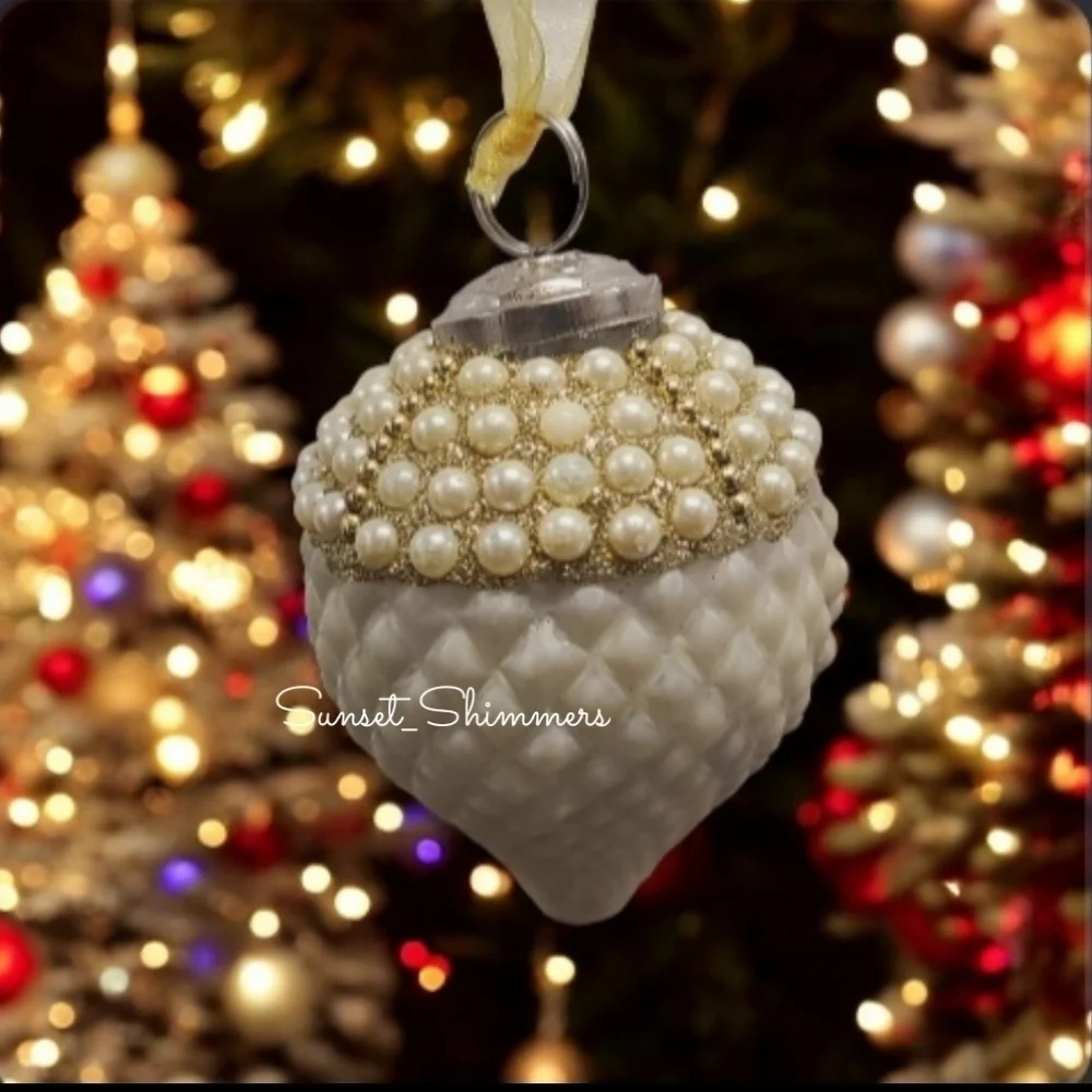 4pc Set Gold Beaded Pinecone / Egg Corn Glass Kugal Style Christmas Ornaments